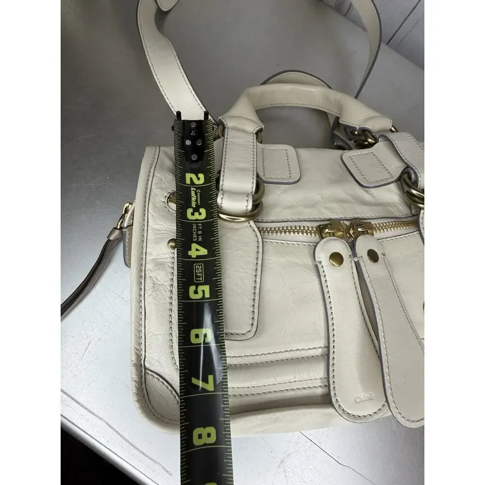 Chloé Bay Top Handle Shoulder Bag Cream Crinkle Leather Satchel Chunky Zip